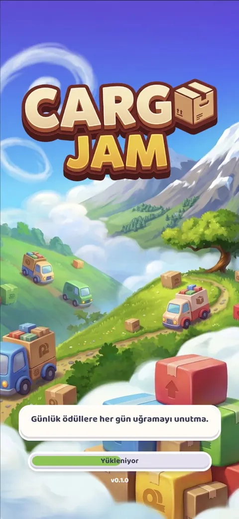 Cargo Jam title screen with trucks driving through green hills